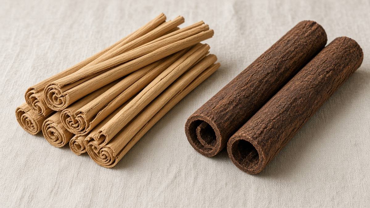 Ceylon cinnamon quills beside thicker cassia cinnamon sticks